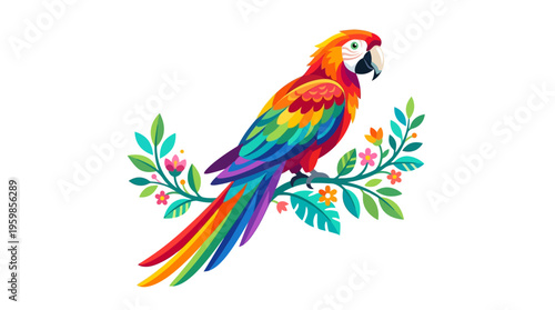 Vibrant Rainbow Macaw Parrot Perched on a Floral Branch.