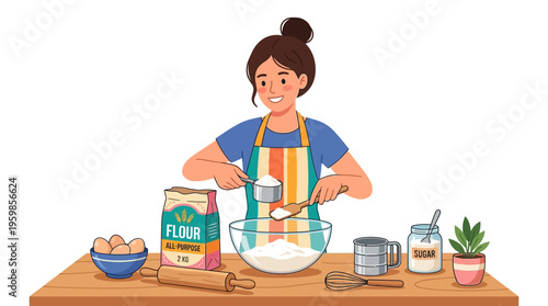 Woman baking ingredients in a kitchen setting.