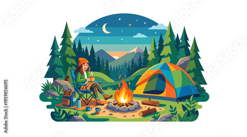 Woman camping by campfire under starry night sky.