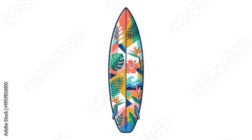 Vibrant Tropical Surfboard Design with Exotic Floral and Leaf Patterns.