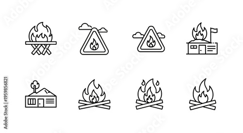 Fire safety and campfire icons: warning signs, house fire, outdoor bonfire, line art