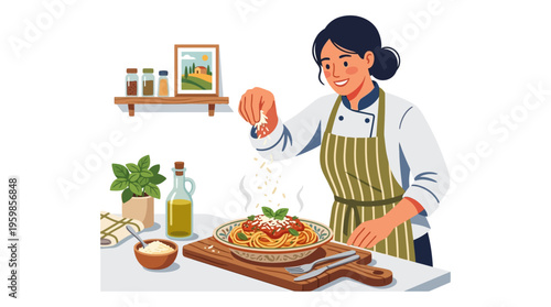 Woman chef garnishing delicious pasta dish with cheese.