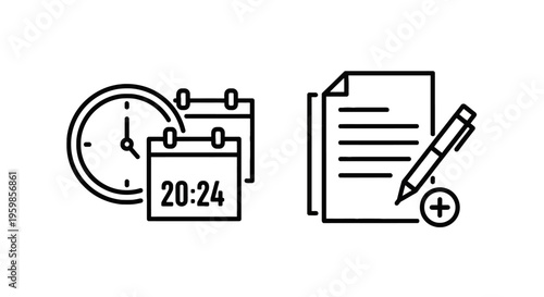 Time management and document signing icons: calendar, clock, and pen, plus sign
