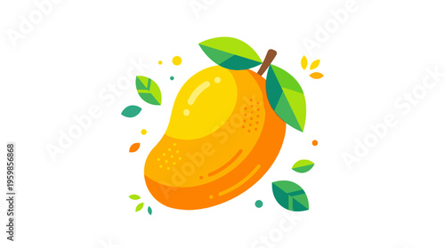 Vibrant Yellow Mango Fruit with Green Leaves Illustration.