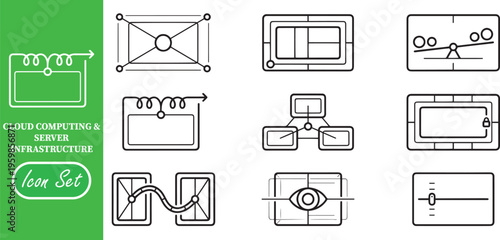 Cloud Computing and Server Infrastructure Linear Icon Set for Network Architecture and Data Management