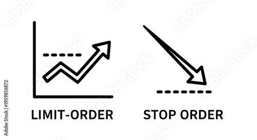 Trading order icons: limit order graph and stop order downward trend with line art