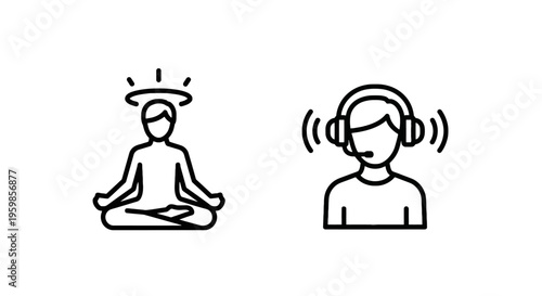 Meditation and customer service icon set: calm mind and communication headset symbols with call center