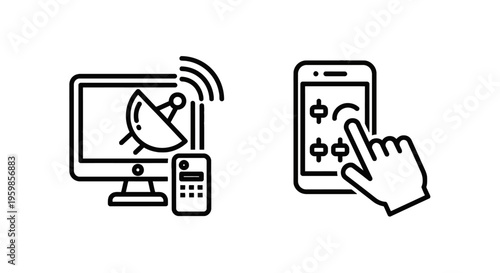 Satellite tv and smartphone app control icons: entertainment and smart home technology with satellite tv