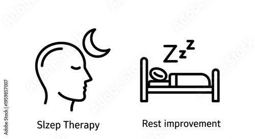 Sleep therapy and rest improvement icons: healthy sleep and nighttime rest symbols with sleep cycle