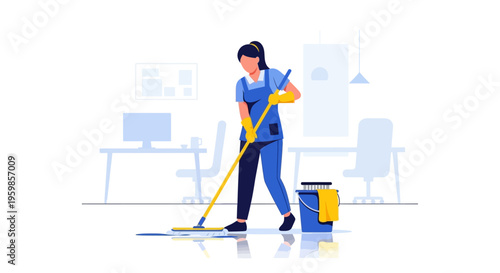 Woman cleaning floor with mop and bucket.