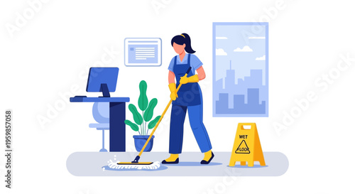 Woman cleaning office floor with mop.