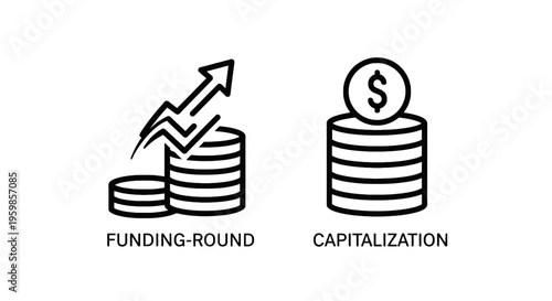 Funding round and capitalization icons with coins and growth chart, financial investment and money symbols, funding icon