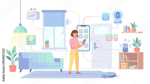 Woman controlling smart home devices with smartphone.