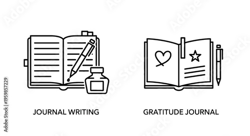 Journal writing and gratitude journal icons, simple line art for diary, planning, and personal reflection, black and white