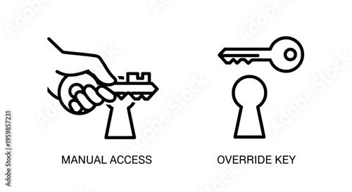 Manual access and override key icons for security, entry, and emergency situations, black and white