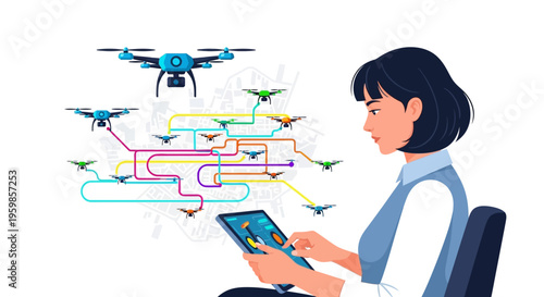Woman controlling drone fleet with tablet technology.