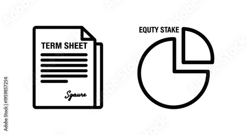 Term sheet and equity stake pie chart icons for business, finance, and investment concepts, black and white