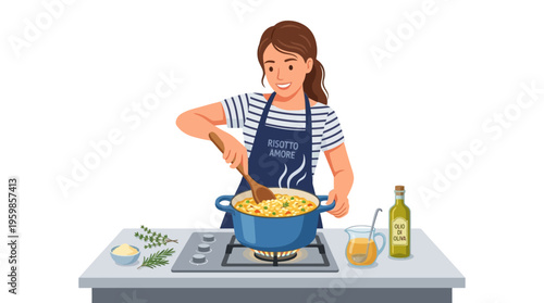 Woman cooking delicious food in a pot on the stove.
