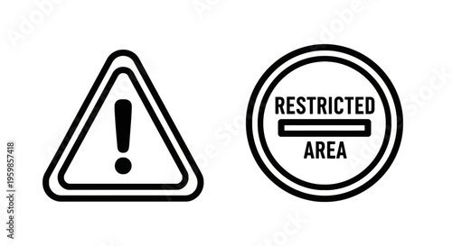 Warning triangle icon and restricted area sign icon for danger, caution, and access control, black and white