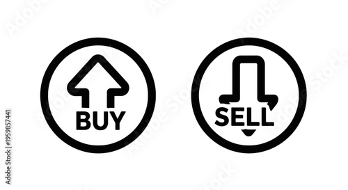 Buy and sell icons with up and down arrows in circles, finance and trading symbols, stock market