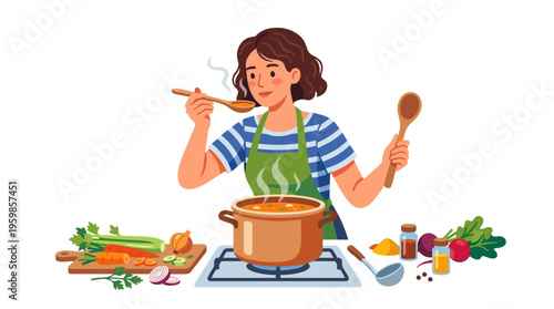 Woman cooking delicious soup in a pot on stove.