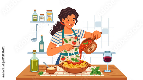 Woman cooking delicious pasta dish with tomato sauce.