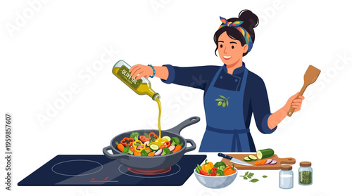 Woman cooking healthy food in a pan with oil.