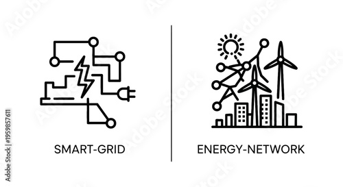 Smart grid and energy network icons illustrating electricity distribution and renewable power sources with wind turbine