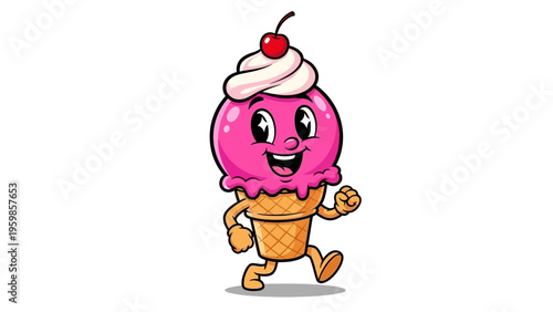 Pink Ice Cream Running Happy on White Background