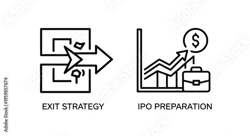 Exit strategy and ipo preparation icons showing business sale, financial growth, and briefcase, stock market