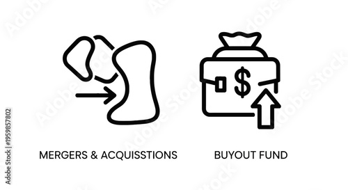 Mergers & acquisitions and buyout fund icons: business finance concept with line art