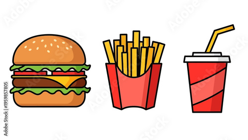 Fast Food Meal with Burger, Fries, and Soda vector icon