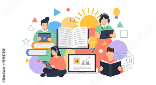 E-Learning and Online Education Concept. Students Studying with Digital Tablets, Laptops, and Books, symbolizing Blended Learning and Modern Knowledge Acquisition.