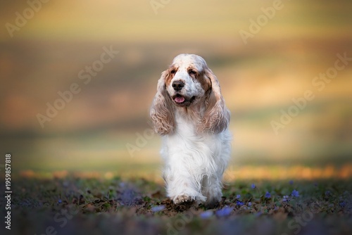 Old color English Cocker Spaniel amazing walk photo in the flowers