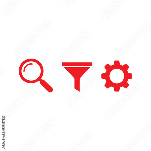 Red magnifying glass, funnel, and gear symbols are displayed together indicating search, filtering, and configuration options.