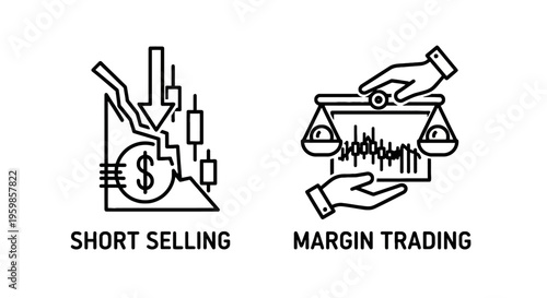 Short selling and margin trading icons: stock market finance concept with downward trend