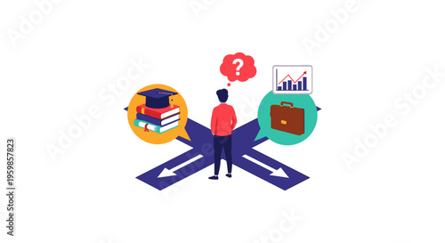 Career vs Education Path Choice: Man at Crossroads Deciding Between Academic Study or Professional Job Dilemma Concept Vector Illustration