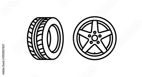 Car tire and wheel rim icons: automotive parts concept with spare part