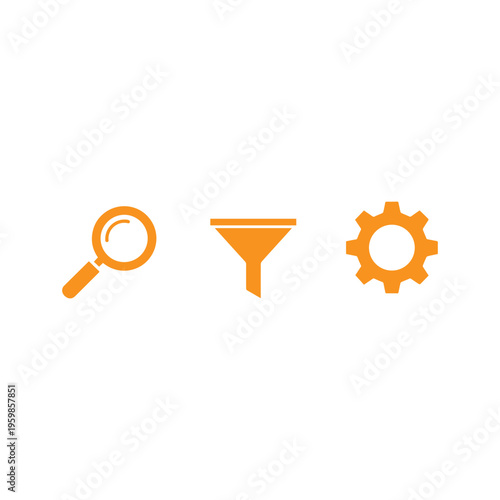 Orange search, filter, and settings icons are aligned horizontally representing data processing tools.