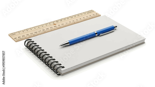 Spiral Notebook with Blue Pen and Ruler on White Background