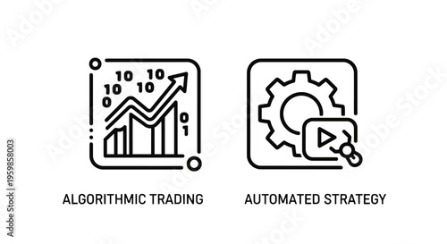 Algorithmic trading and automated strategy icons with growing graph and gears with finance icon