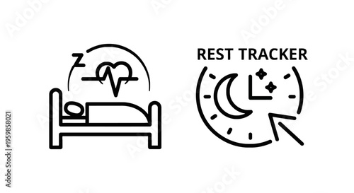 Sleeping person in bed with heartbeat monitor and rest tracker moon icons with sleep cycle
