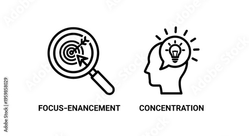 Focus enhancement magnifying glass and concentration lightbulb in head icons with concentration icon