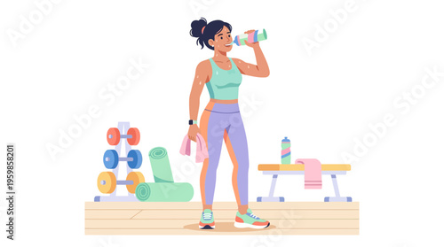 Woman drinking water after workout in gym.