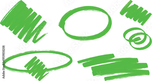A set of vibrant green marker pen strokes, including circular highlights, zig-zag scribbles, and thick underlines, isolated on a white background.