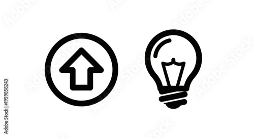Up arrow in circle and lightbulb icons for ideas and progress with up arrow