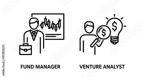 Business icons: fund manager analyzing stocks and venture analyst with lightbulb idea symbol with business people