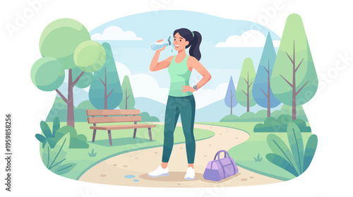 Woman drinking water after workout in park.