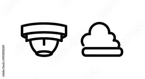 Safety icons: smoke detector and cloud, representing fire protection and environmental monitoring, fire alarm