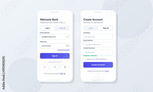 Two smartphone mockups displaying a modern mobile application interface for user authentication. The screens show login and registration forms with a minimalist blue and white aesthetic.